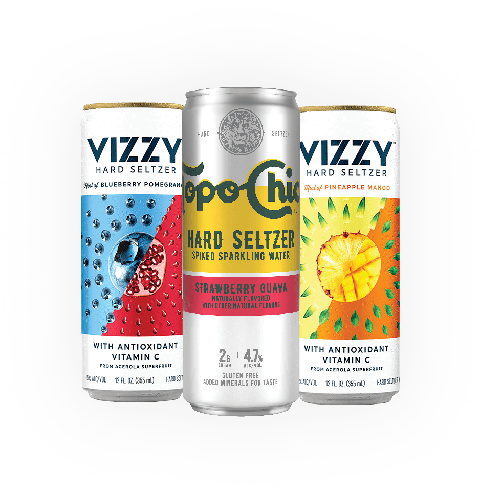 Vizzy and topochico seltzer cans